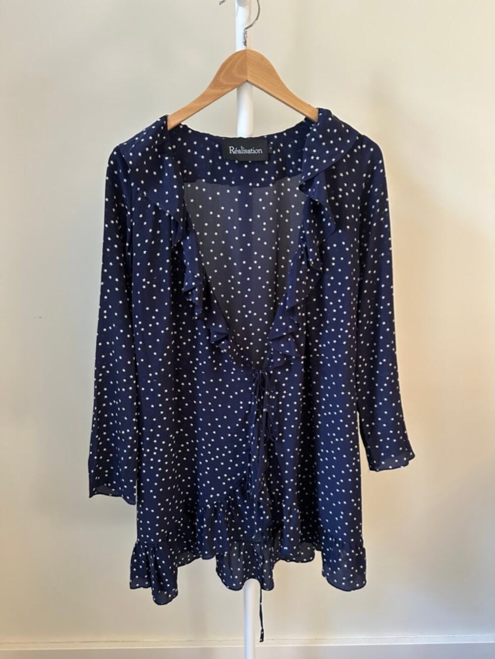 Réalisation Par Silk Ruffle Wrap Dress in Navy Star Print, Size Small